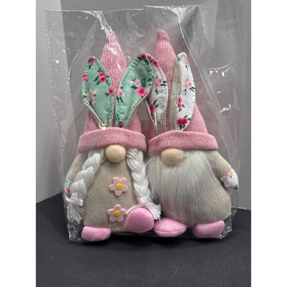 Easter Bunny Gnome Couple Decor Set With Knit Hats & Flower Accents - Picture 1 of 4
